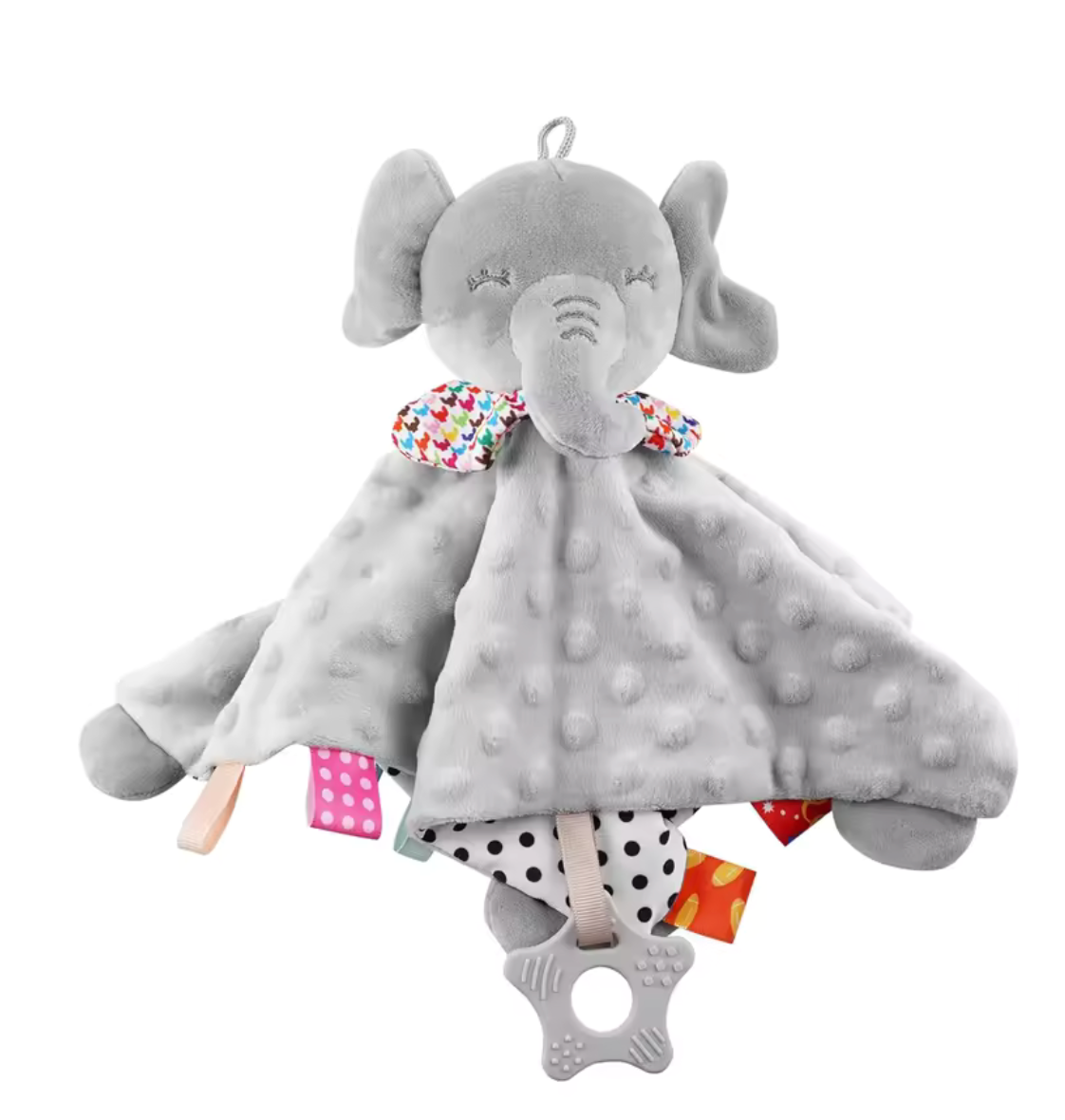 Doudou bébé éléphant avec textures en relief, rubans sensoriels et anneau de dentition, peluche douce d’éveil pour nouveau-né