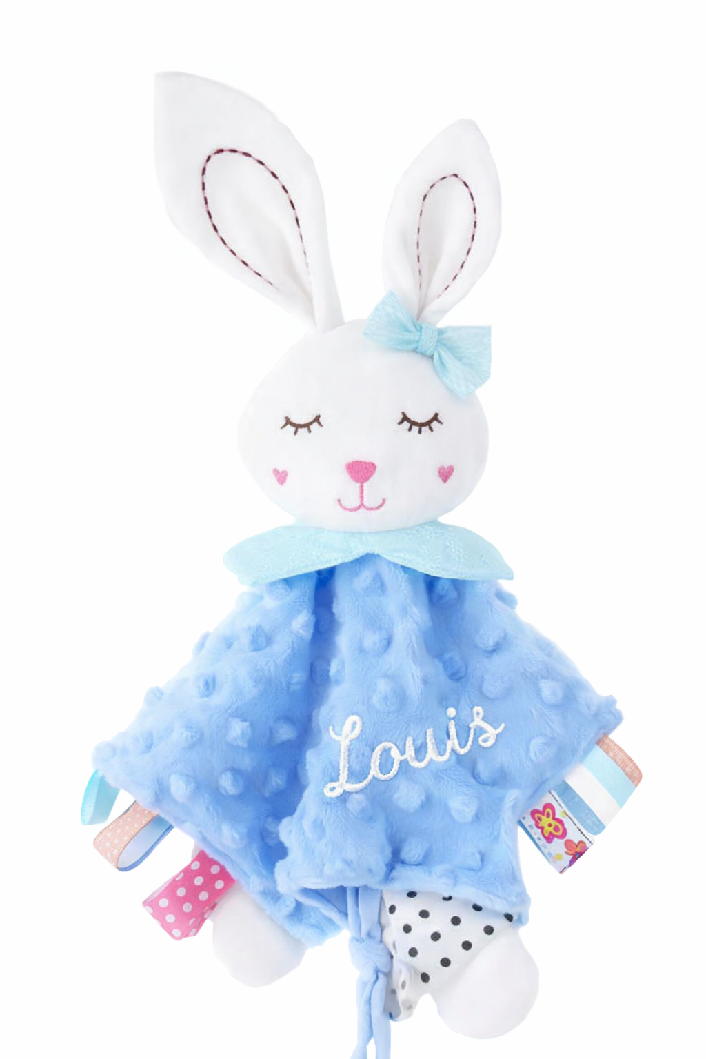 Doudou bébé lapin avec tissu texturé, rubans sensoriels et attache tétine, peluche douce pour nouveau-né broderie