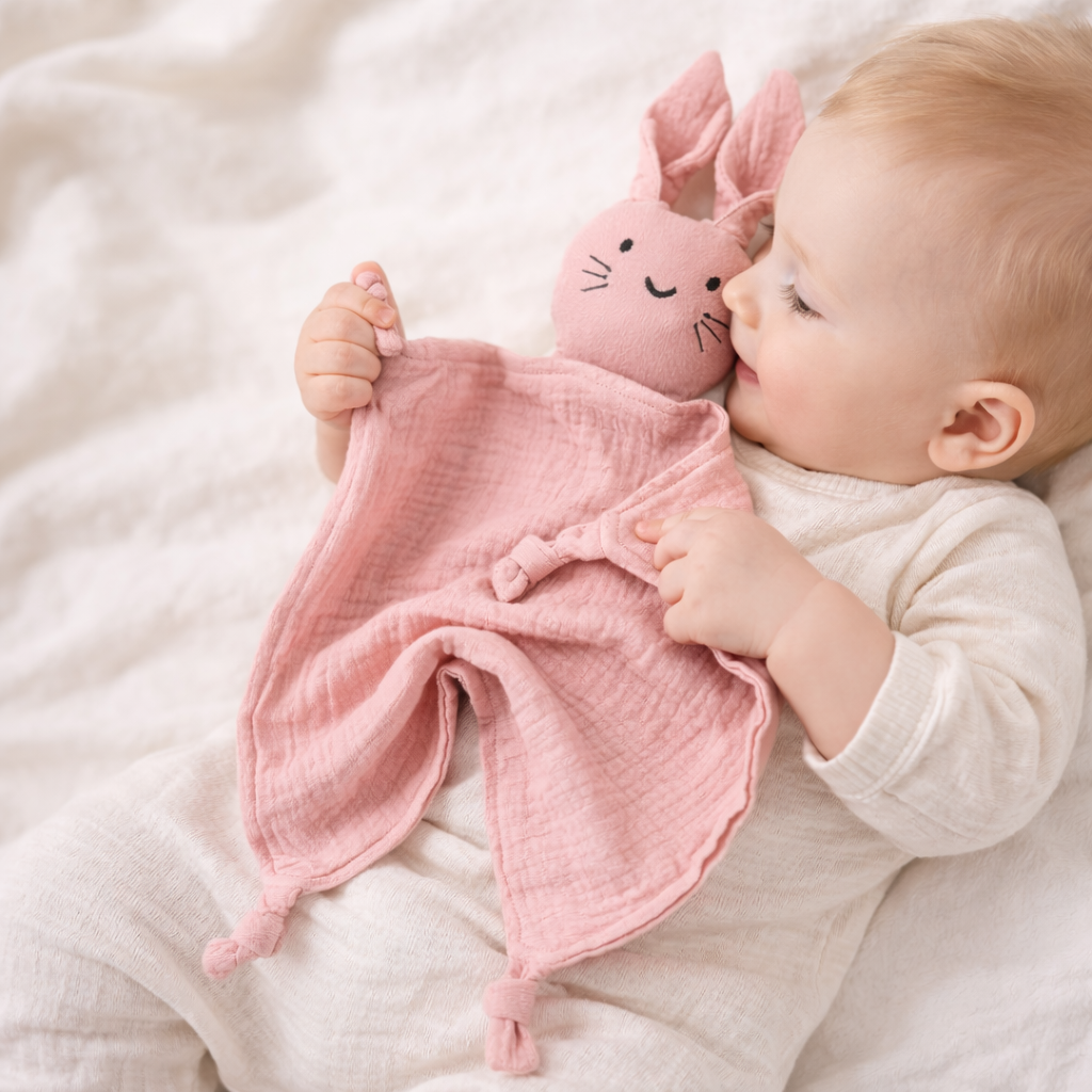 Doudou bébé lapin en gaze de coton – léger et apaisant
 