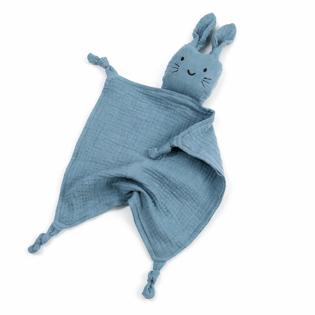 Doudou bébé lapin beige avec visage brodé et texture douce
