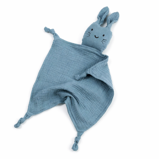 Doudou bébé lapin beige avec visage brodé et texture douce
