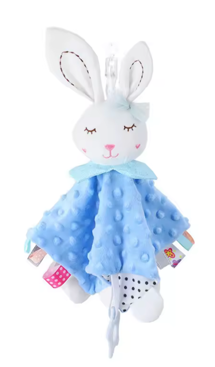 Doudou bébé lapin avec tissu texturé, rubans sensoriels et attache tétine, peluche douce pour nouveau-né