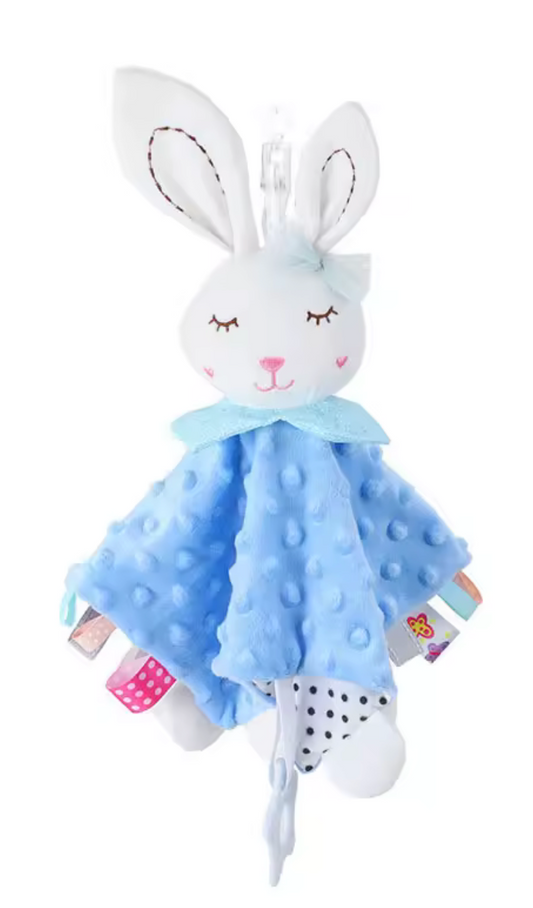 Doudou bébé lapin avec tissu texturé, rubans sensoriels et attache tétine, peluche douce pour nouveau-né