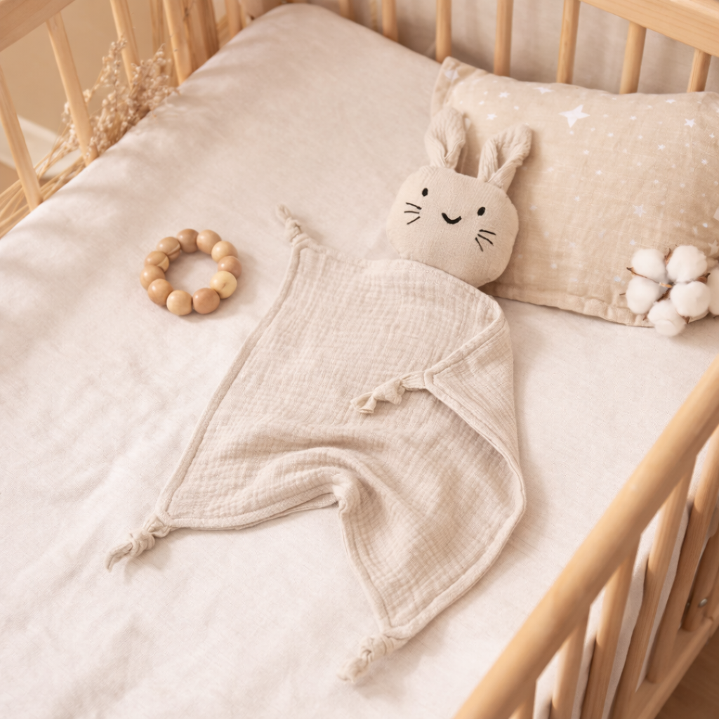 doudou dans le lit apin en coton  beige pour bébé