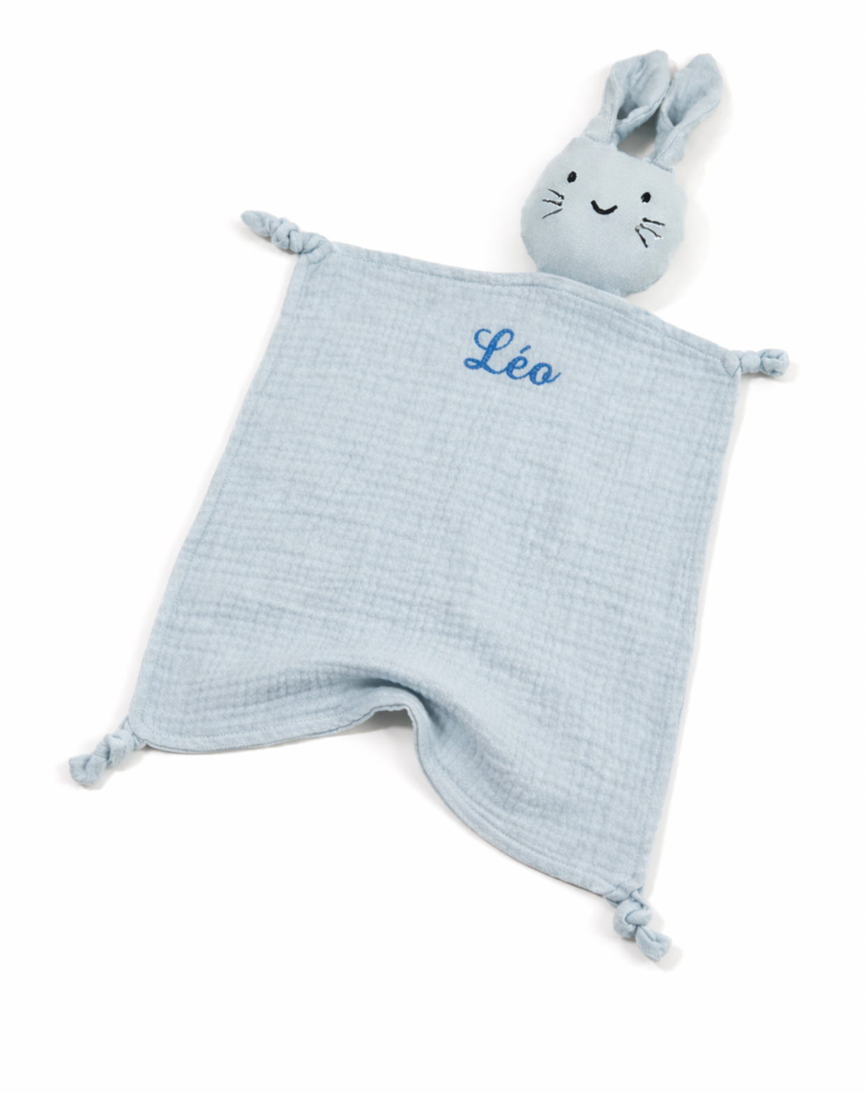 Doudou lapin plat en gaze de coton – douceur naturelle pour bébé broder bleu 