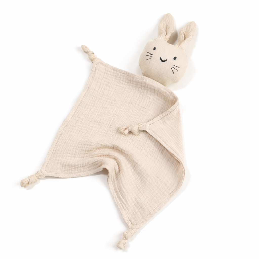 Doudou lapin plat en gaze de coton beige pour bébé

