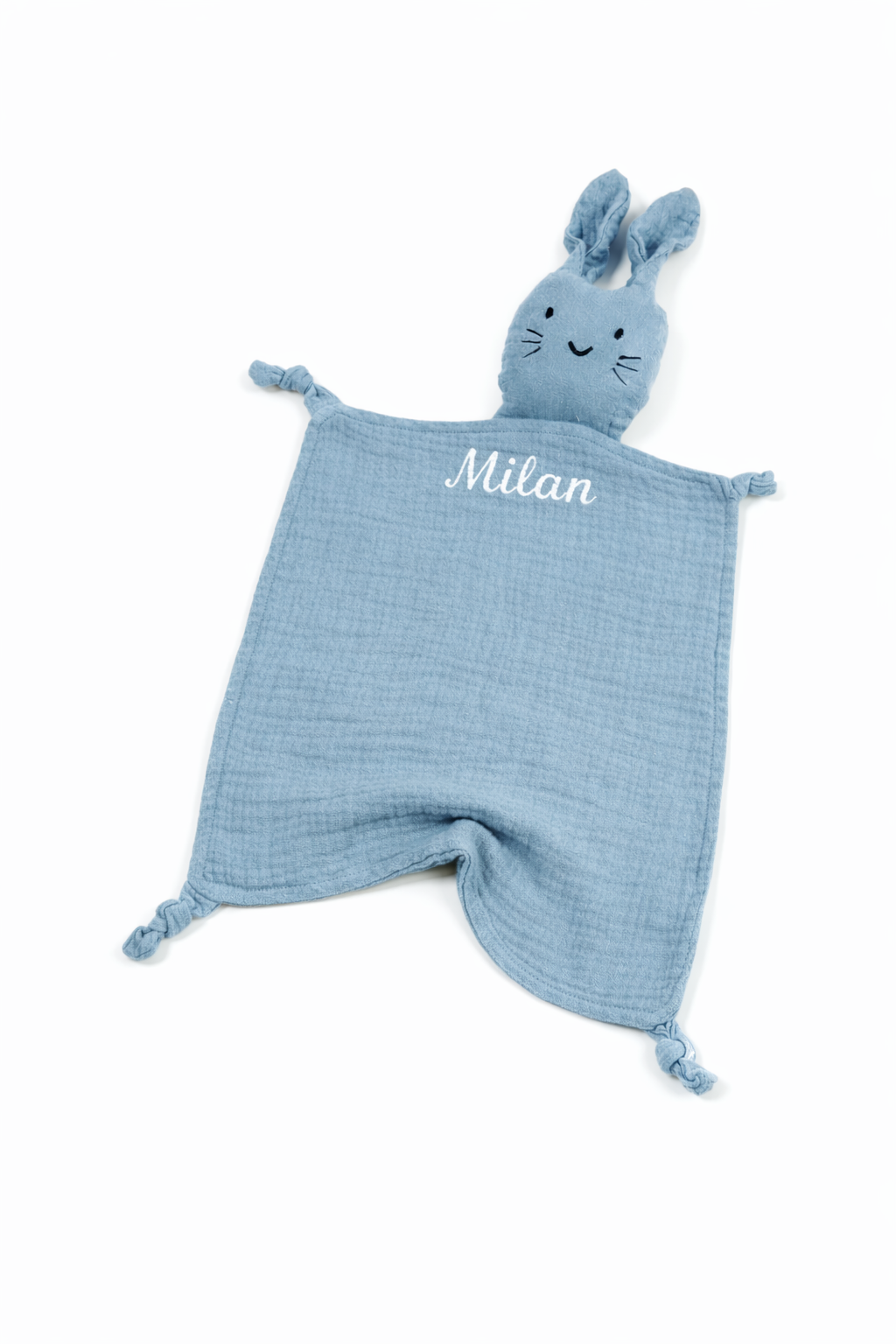 Doudou lapin pour nouveau-né en gaze de coton respirante
 broder