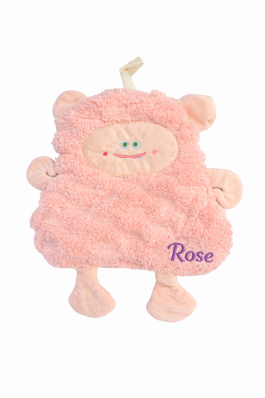 Doudou rose personnalisé avec le prénom Rose brodé en violet en bas à droite