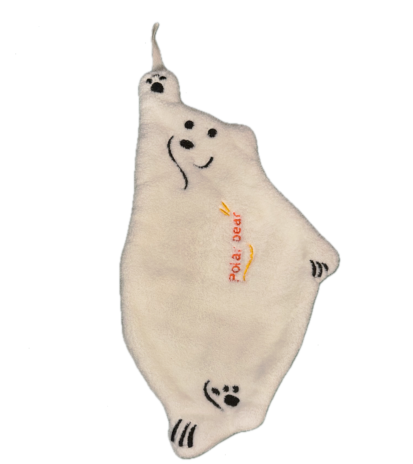 Doudou plat en forme d’ours blanc  avec visage brodé, pattes dessinées et inscription “Polar Bear” en orange, avec petite attache en tissu en haut.