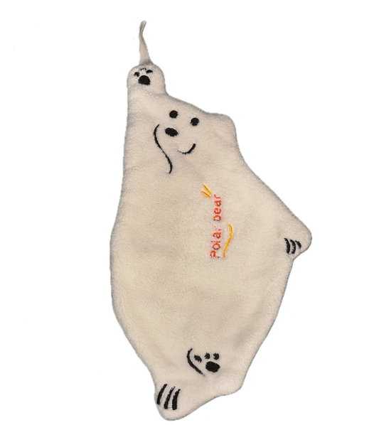 Doudou plat en forme d’ours blanc  avec visage brodé, pattes dessinées et inscription “Polar Bear” en orange, avec petite attache en tissu en haut.