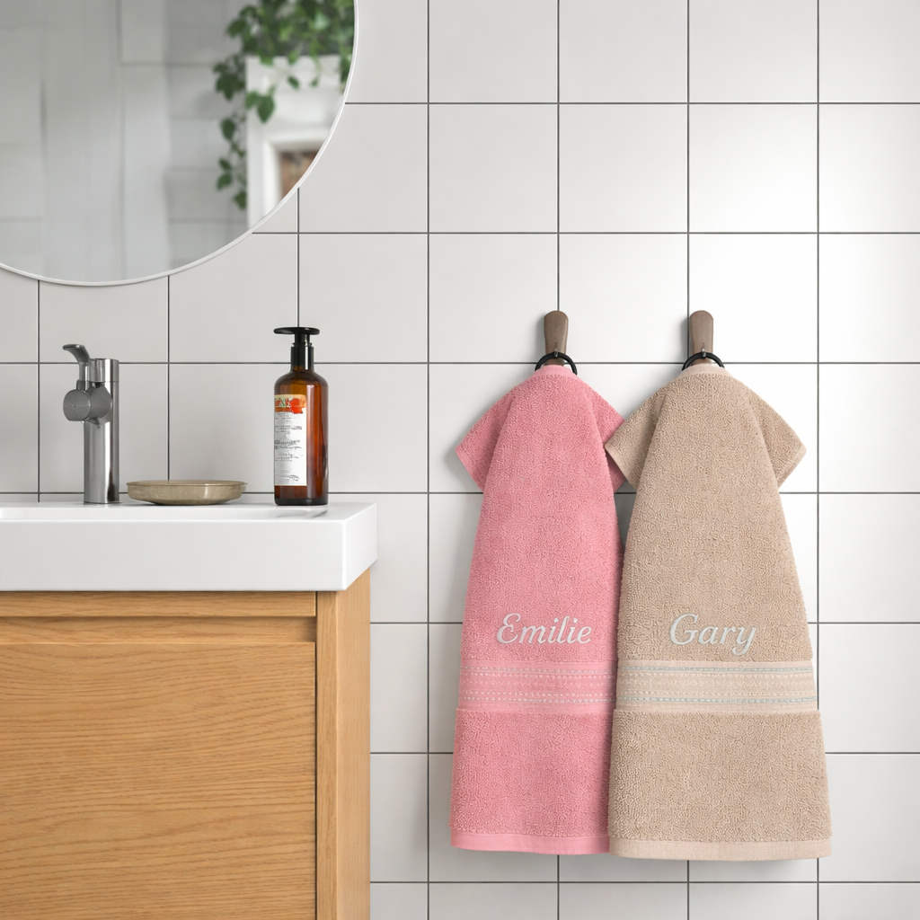 Duo de serviettes éponge personnalisées avec prénoms brodés décoration salle de bain
