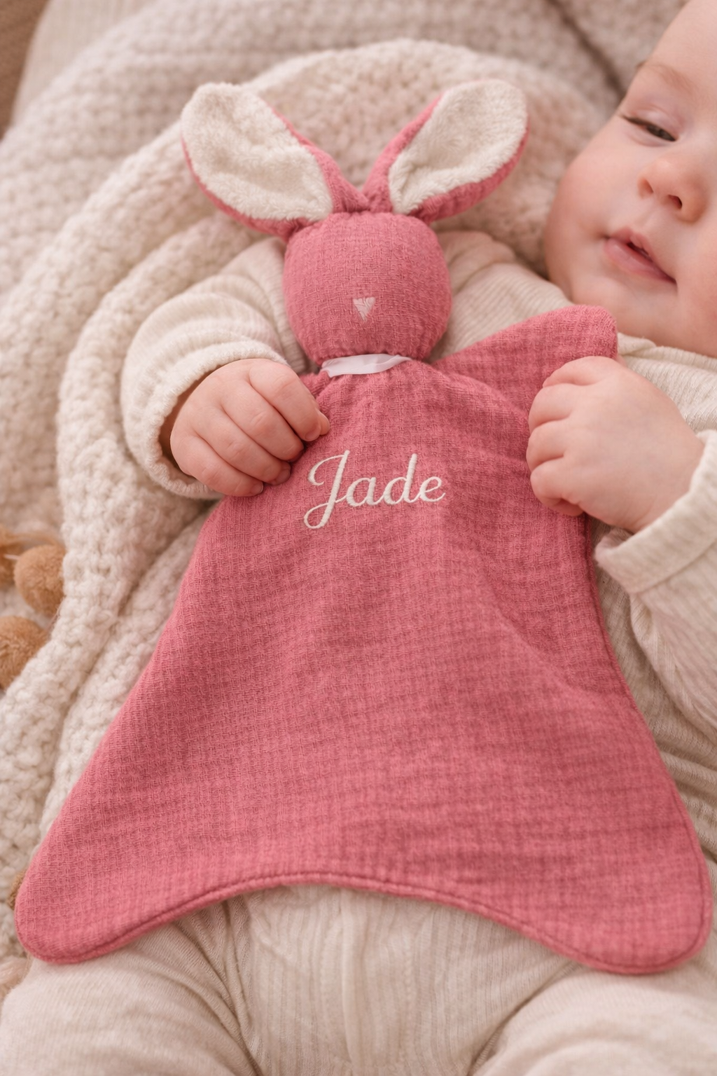 Enfant bebe  doudou bébé écru en tissu doux avec oreilles longues lapin