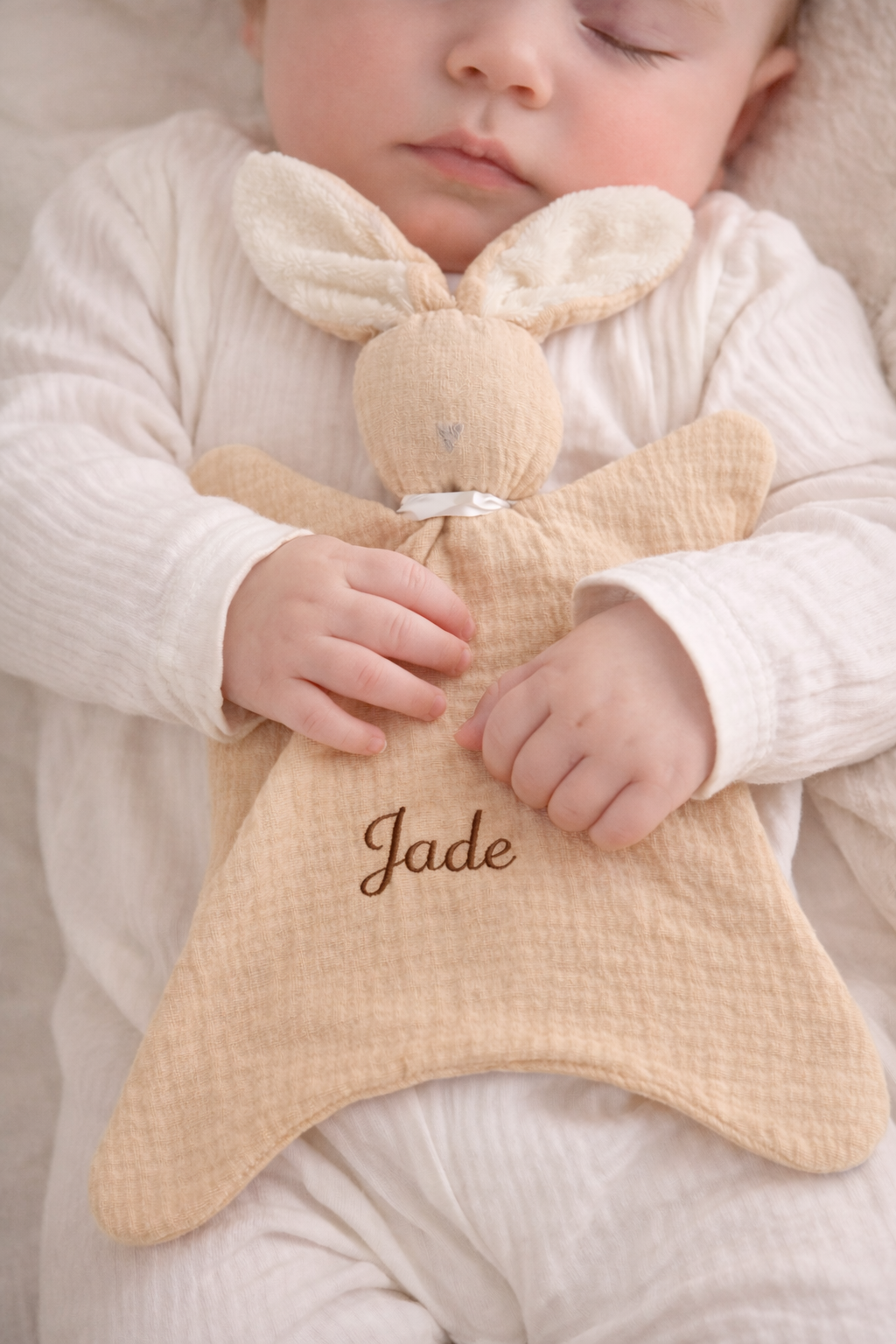 Bebe avec doudou bébé couleur nude en coton avec forme lapin beige 