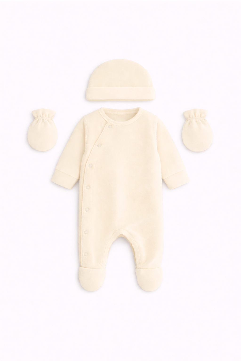 Pyjama bébé avec ouverture sur le côté, accompagné d’un bonnet assorti et de deux moufles, présenté à plat sur fond clair.