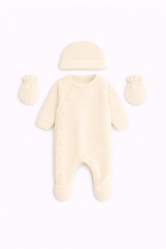 Pyjama bébé avec ouverture sur le côté, accompagné d’un bonnet assorti et de deux moufles, présenté à plat sur fond clair.
