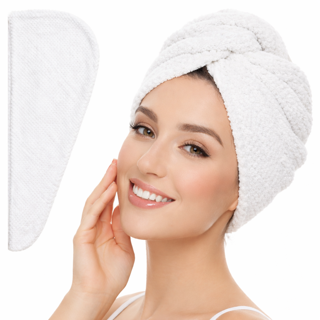 Femme portant une serviette cheveux en microfibre blanche sous forme de turban, douce et absorbante, idéale pour un séchage rapide des cheveux