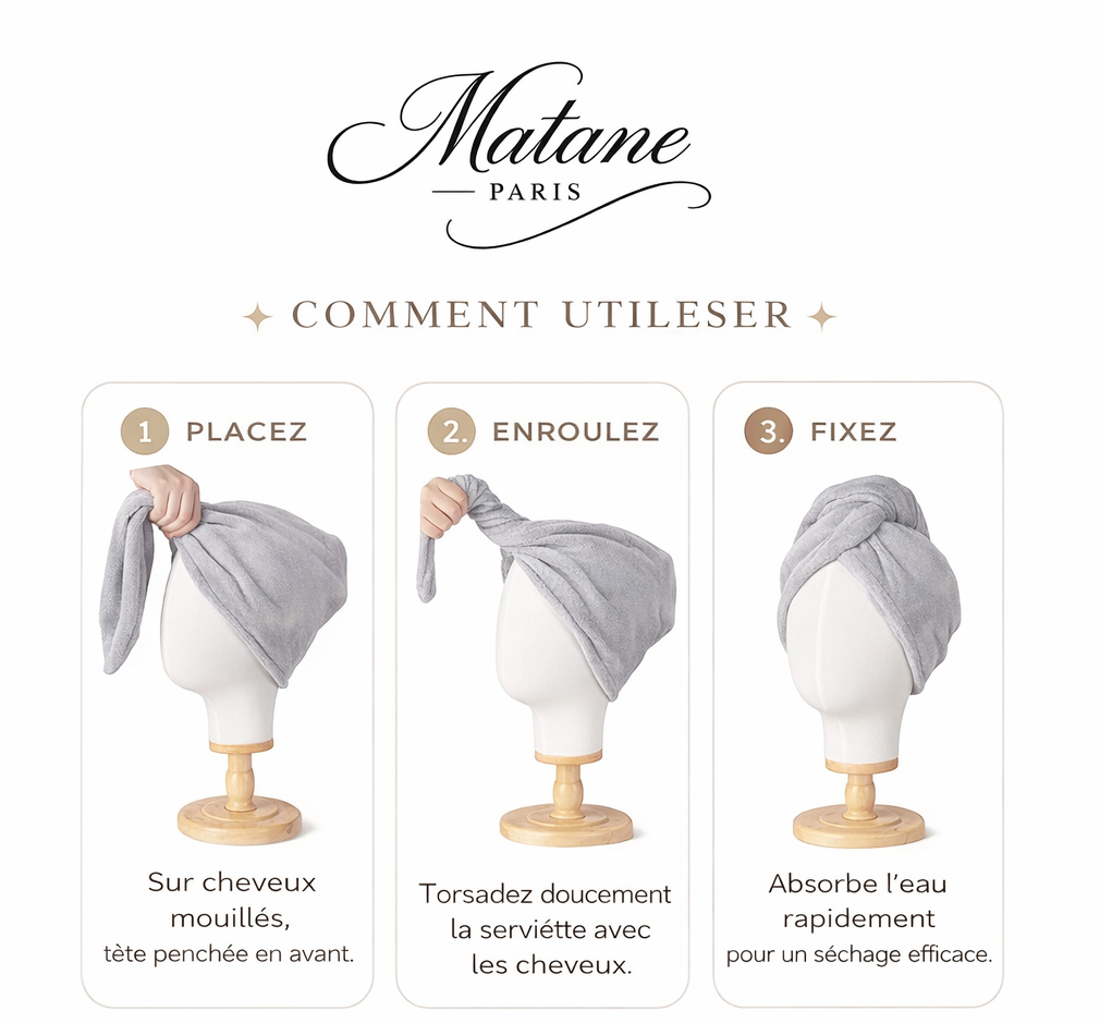 Instruction une serviette cheveux en microfibre blanche sous forme de turban, douce et absorbante, idéale pour un séchage rapide des cheveux