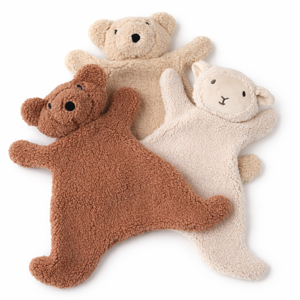Offrez un lot de 3 doudous ultra doux pour bébé : un ours marron, un ours beige et un mouton écru. Parfait pour rassurer bébé et idéal en cadeau de naissance.