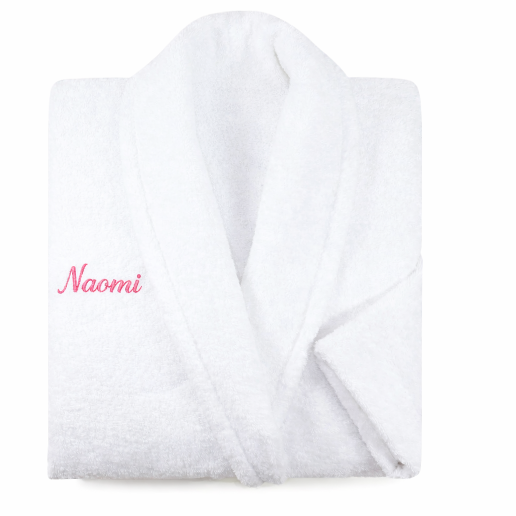 Peignoir blanc en coton 100% avec prénom Naomi brodé sur la poitrine, peignoir personnalisé épais et confortable