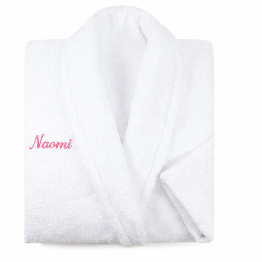 Peignoir blanc en coton 100% avec prénom Naomi brodé sur la poitrine, peignoir personnalisé épais et confortable