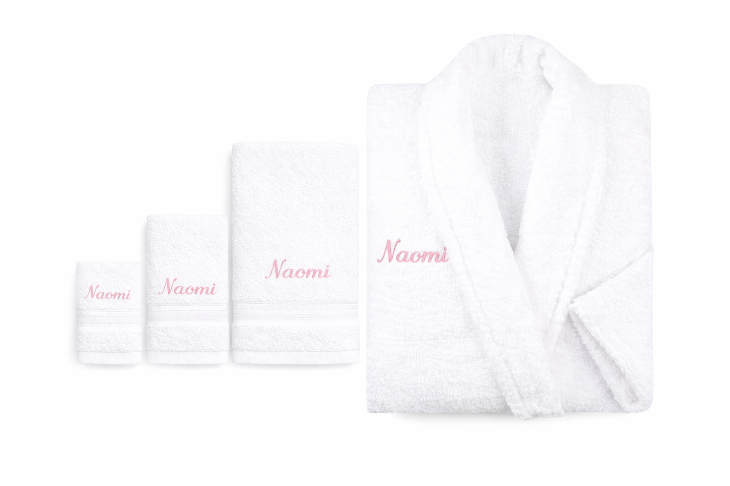 Peignoir blanc et lot de serviettes personnalisés avec broderie prénom Naomi rose