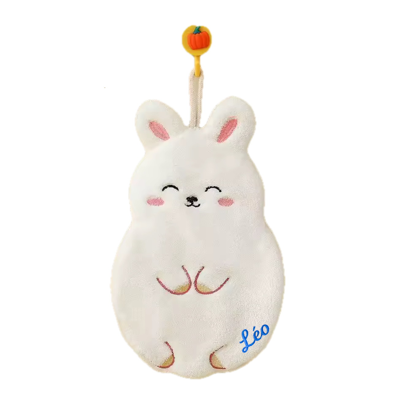 Peluche douce en forme de lapin blanc, avec des oreilles roses et un visage souriant, suspendue par une petite attache jaune ornée