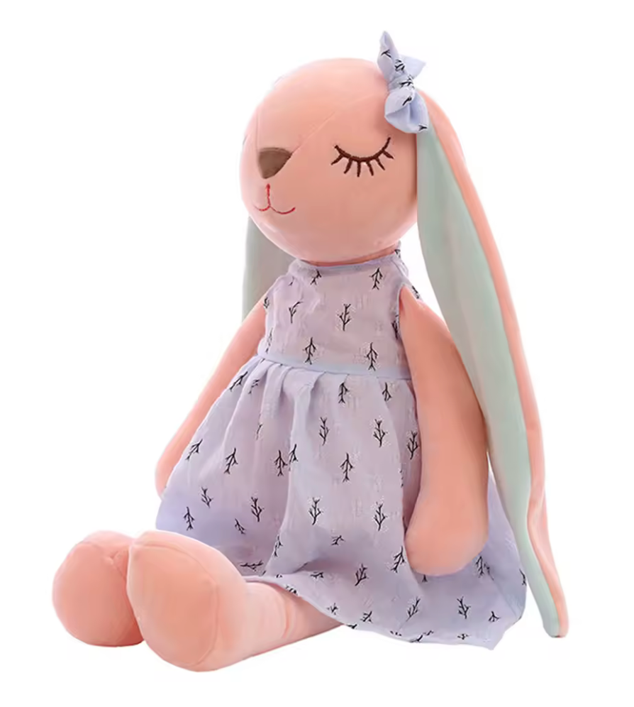 Peluche lapin rose en tissu avec robe pour bébé

