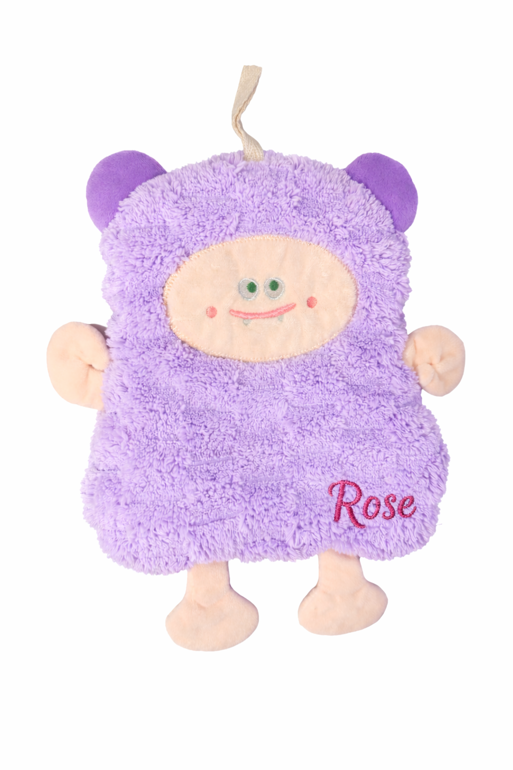Peluche violette avec le prénom Rose brodé en rose en bas à droite