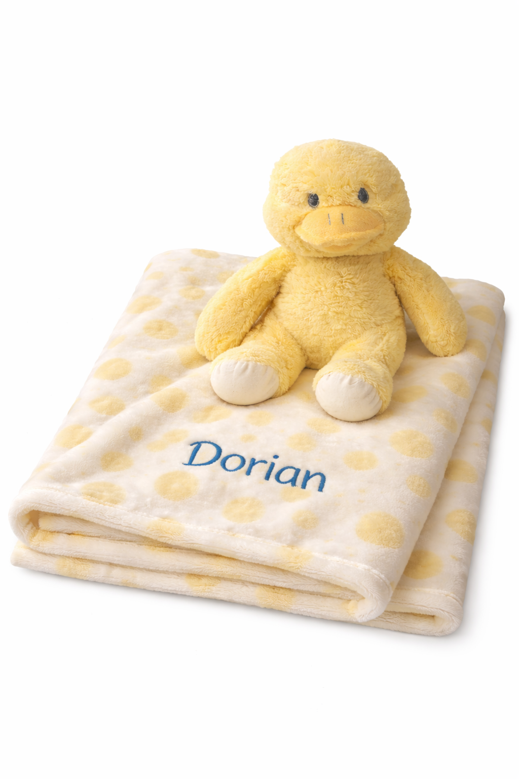 plaid bébé personnalisé avec peluche canard jaune, couverture douce 70x90 cm motif pois jaune cadeau naissance mixte
