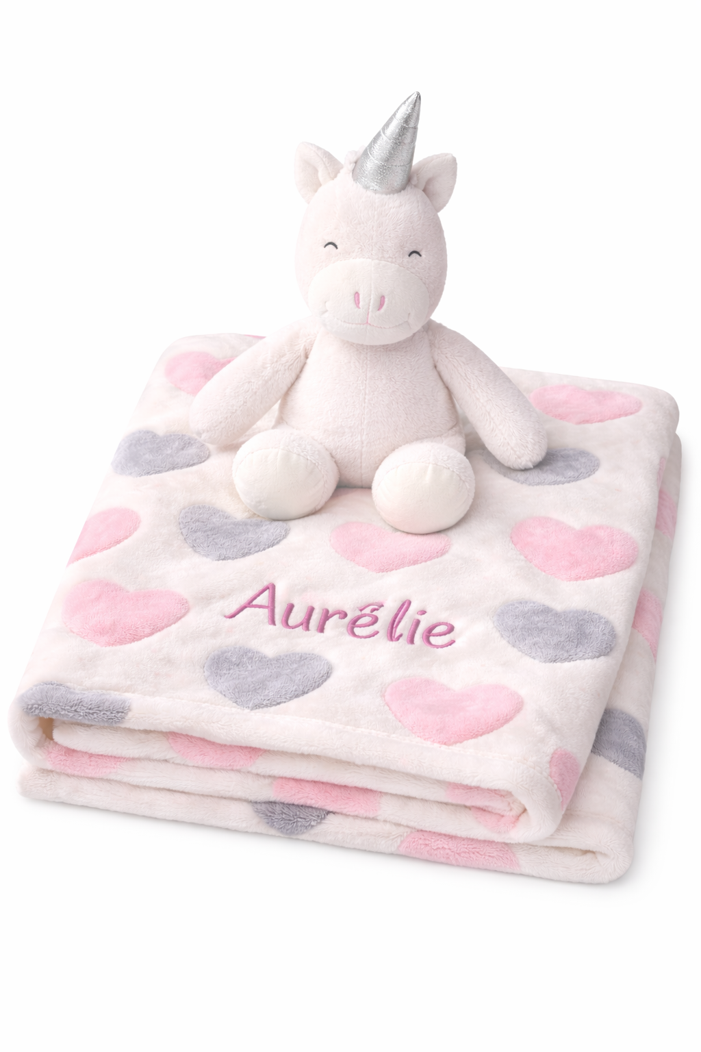 Plaid bébé personnalisé prénom + peluche licorne – Couverture douce 70x90 cm motif cœurs rose gris – Cadeau naissance fille