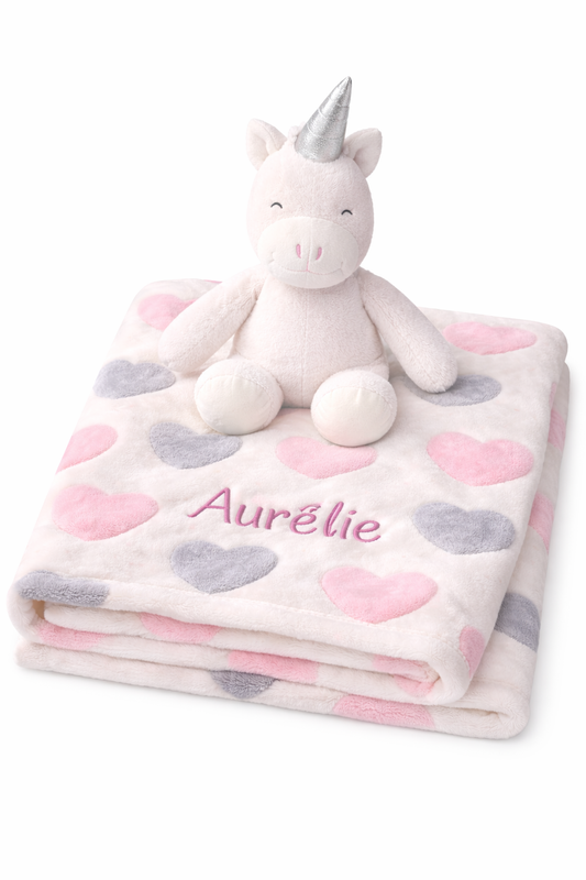 Plaid bébé personnalisé prénom + peluche licorne – Couverture douce 70x90 cm motif cœurs rose gris – Cadeau naissance fille