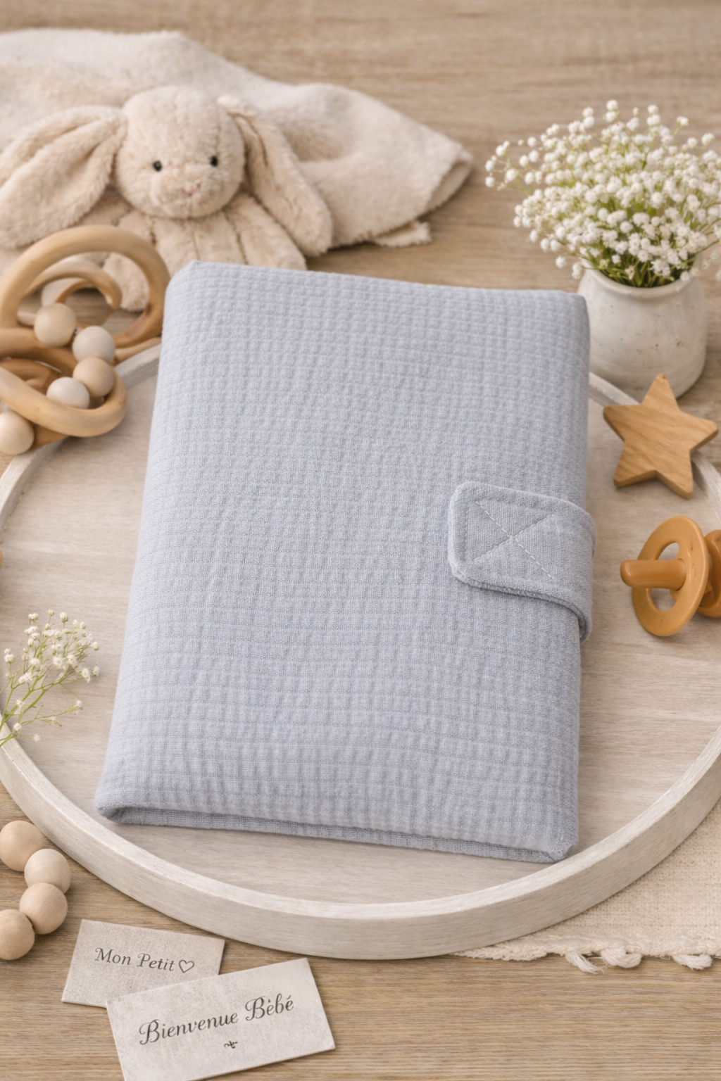 Protège carnet de santé en coton – Univers bébé naturel gris 