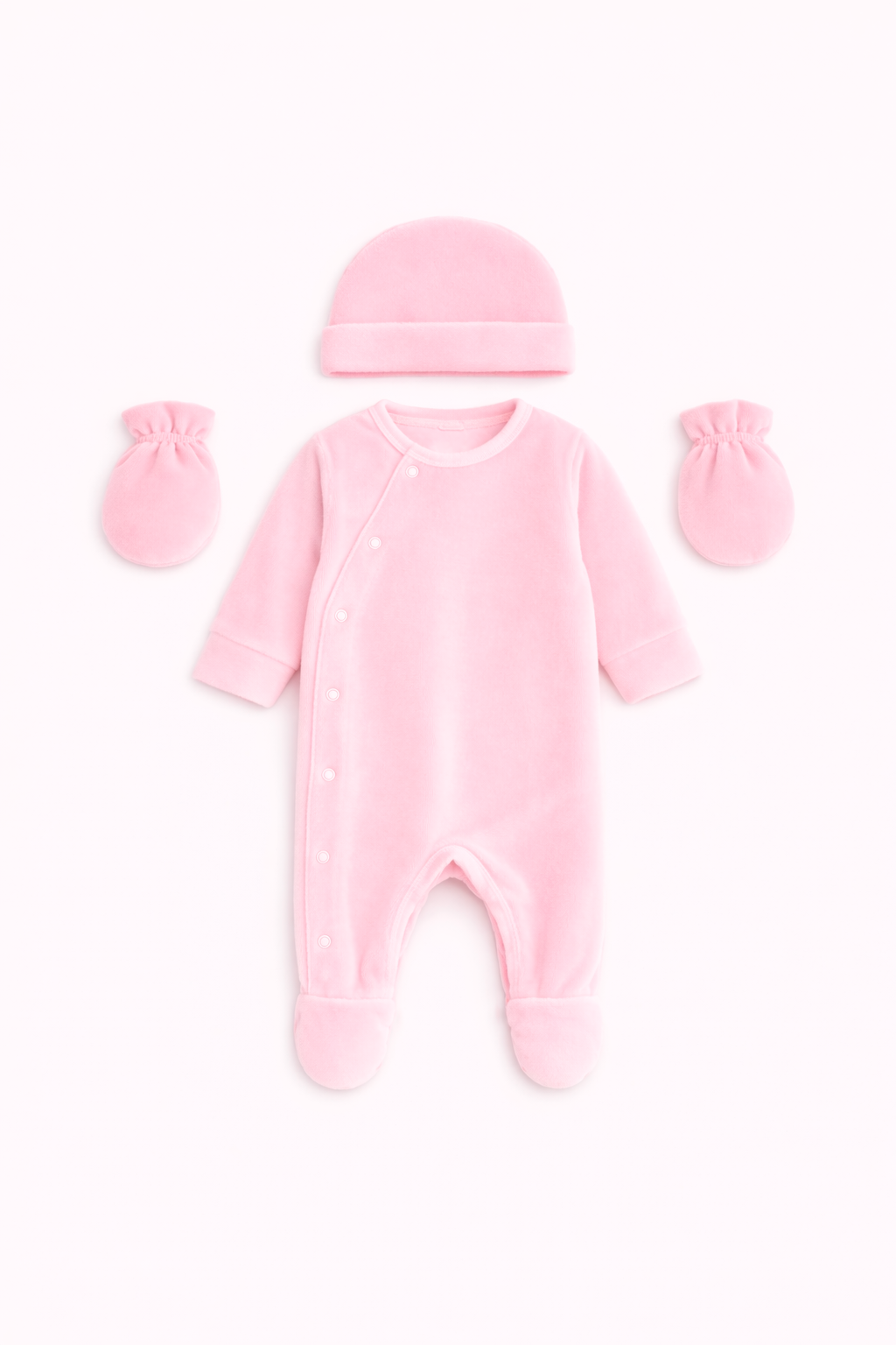 Ensemble naissance bébé rose : grenouillère, bonnet et moufles