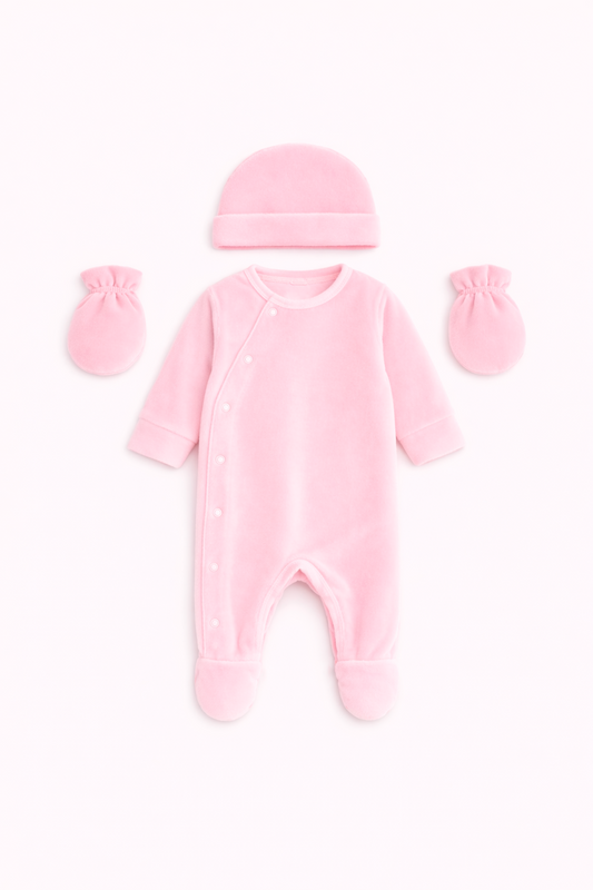 Ensemble naissance bébé rose : grenouillère, bonnet et moufles
