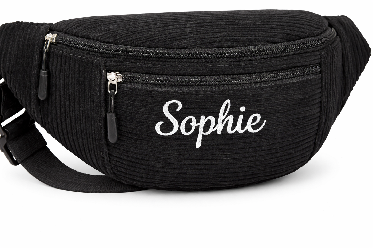 Sac banane noir en velours côtelé personnalisé – broderie blanche “Sophie”
