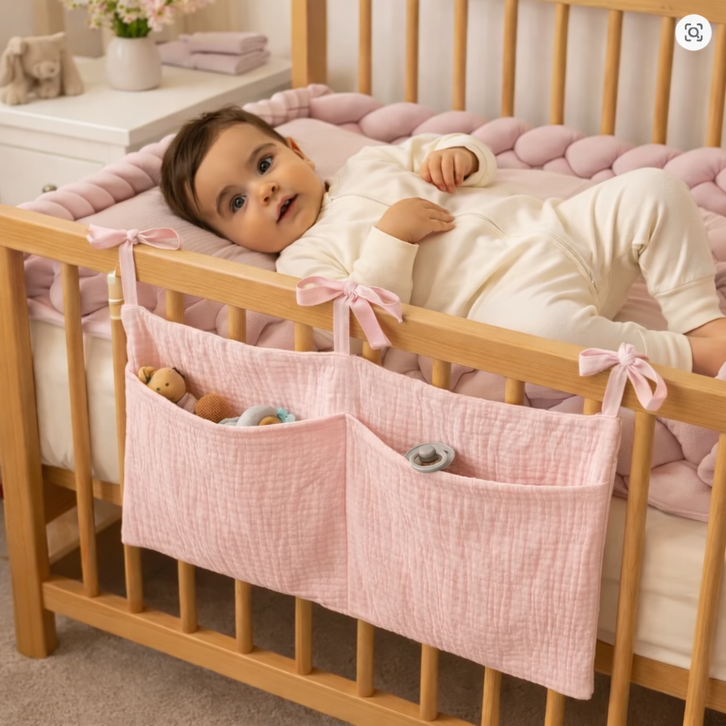 organisateur de lit bébé en tissu suspendu avec poches de rangement, fixé sur lit à barreaux pour accessoires bébé