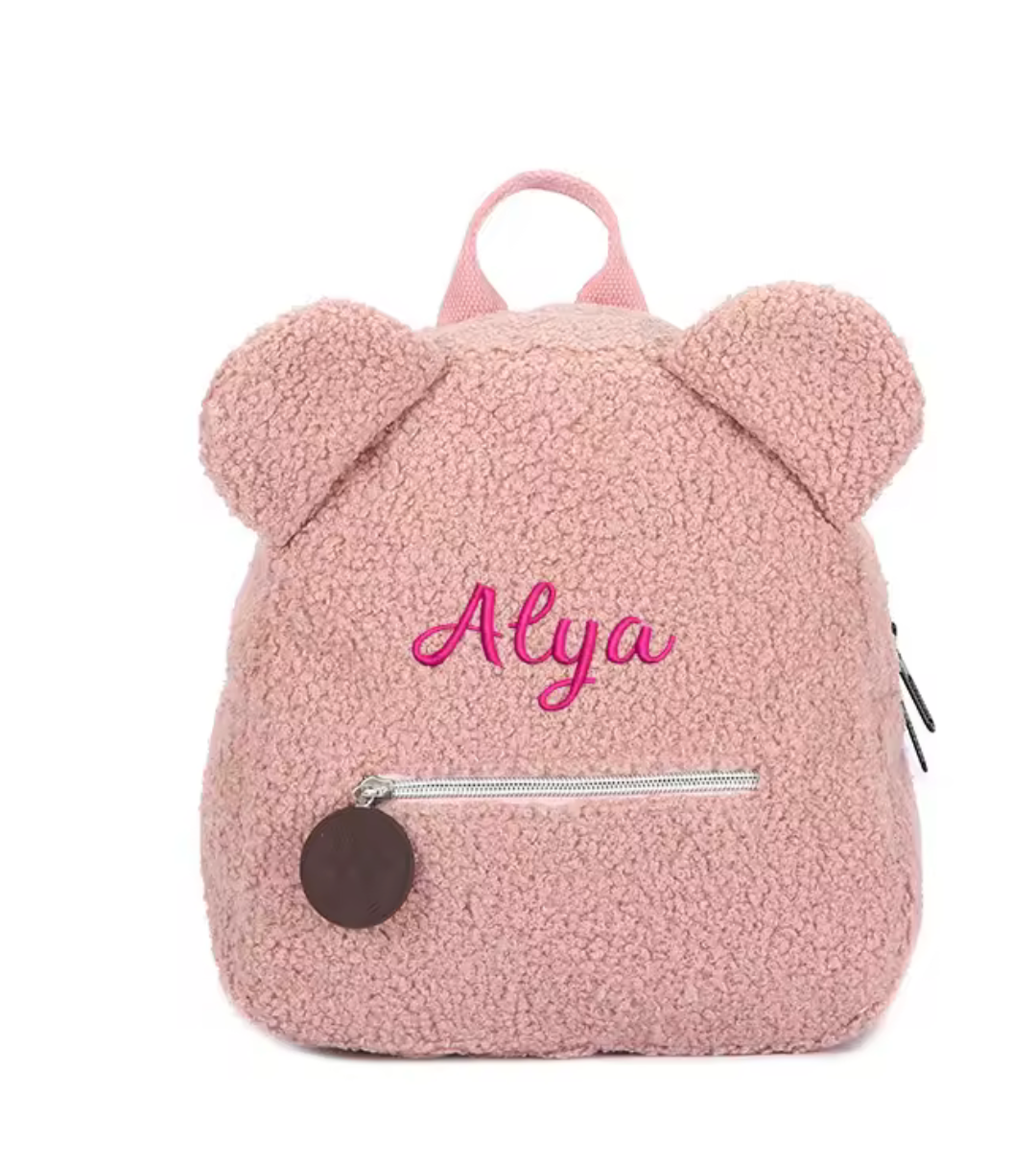 Sac à dos en tissu bouclette avec oreilles et poche zippée, personnalisable broder 