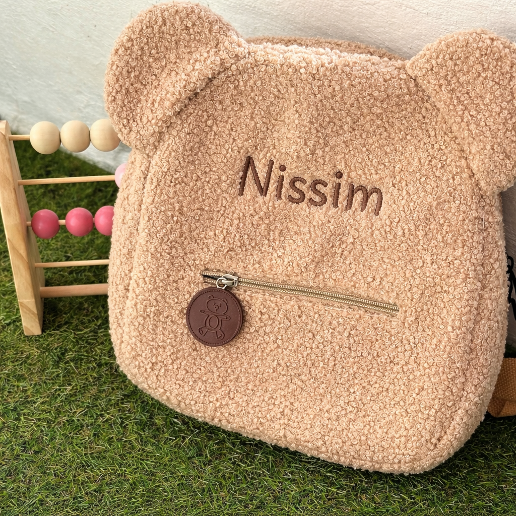 Sac à dos en tissu bouclette avec oreilles et poche zippée, personnalisable
