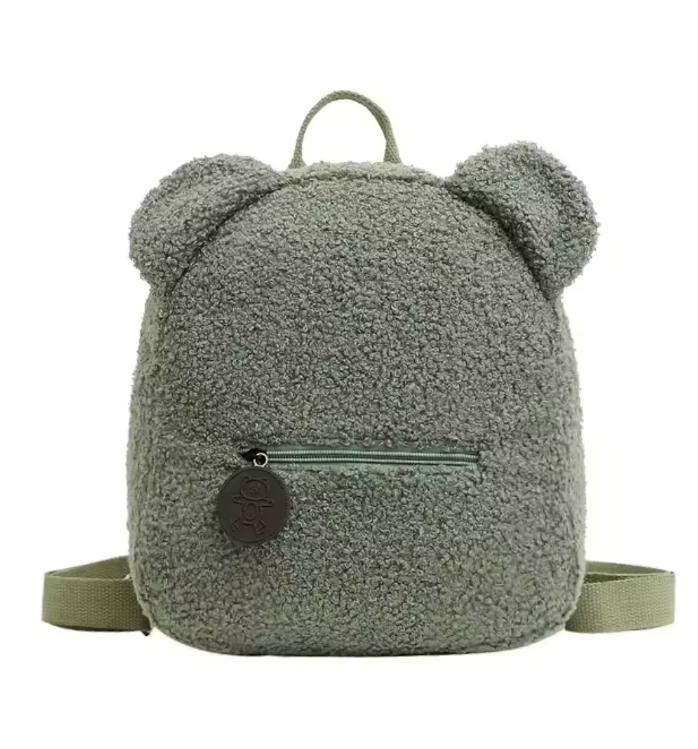 Sac à dos enfant en tissu bouclette vert avec oreilles et poche zippée, personnalisable
