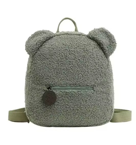 Sac à dos enfant en tissu bouclette vert avec oreilles et poche zippée, personnalisable
