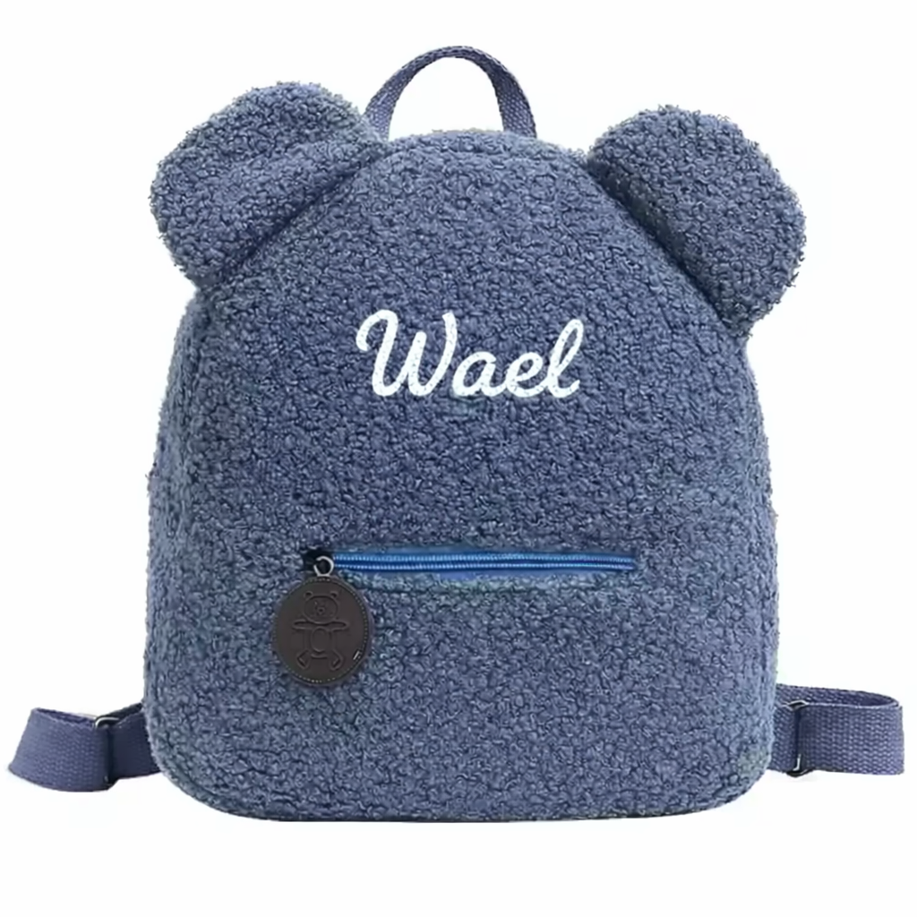 Sac à dos bouclette vert avec oreilles – personnalisable broderie bleu