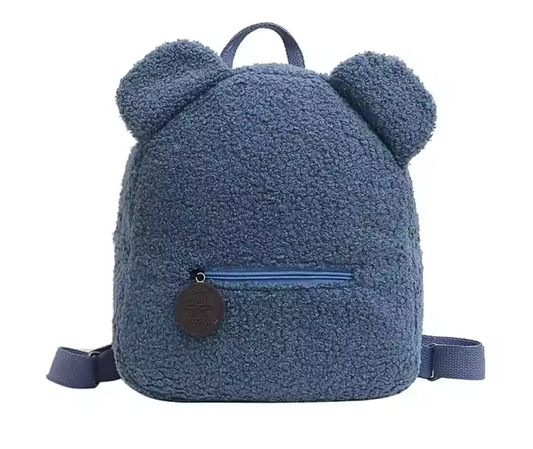 Sac à dos en tissu bouclette avec oreilles et poche zippée, personnalisable bleu 