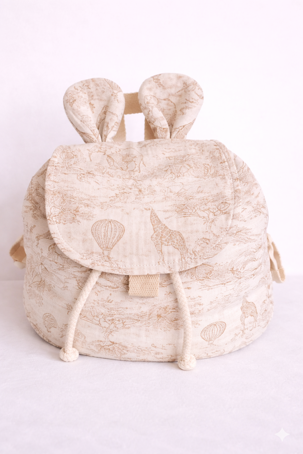 Sac à dos enfant et bébé beige motif savane avec oreilles, personnalisable avec prénom