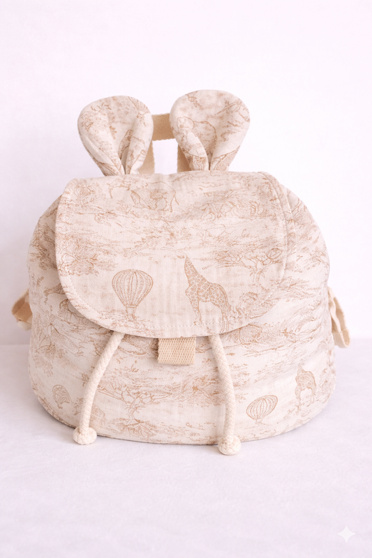 Sac à dos enfant et bébé beige motif savane avec oreilles, personnalisable avec prénom