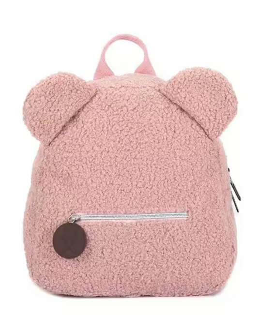Sac à dos enfant en tissu bouclette rose avec oreilles et poche zippée, personnalisable
