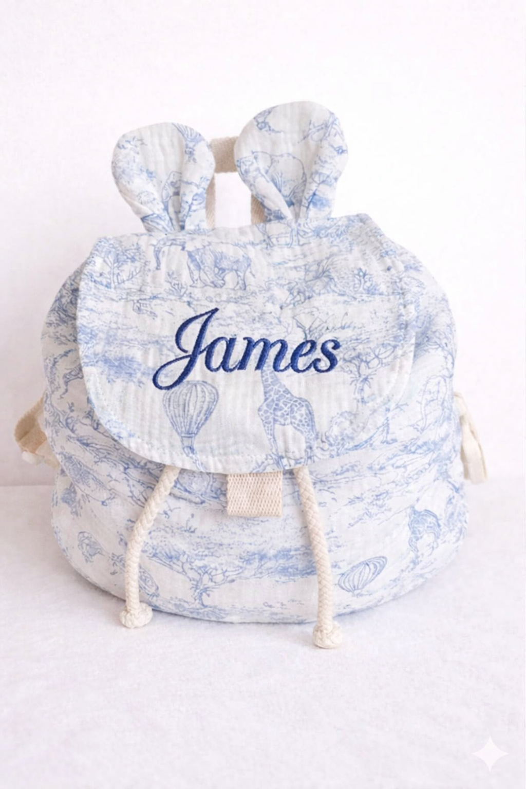Sac à dos enfant motif savane avec prénom brodé personnalisable et oreilles décoratives  broderie 