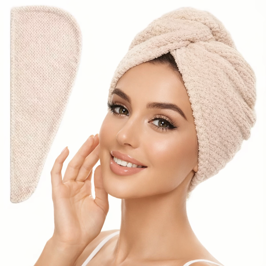 Femme portant une serviette cheveux en microfibre blanche sous forme de turban, douce et absorbante, idéale pour un séchage rapide des cheveux