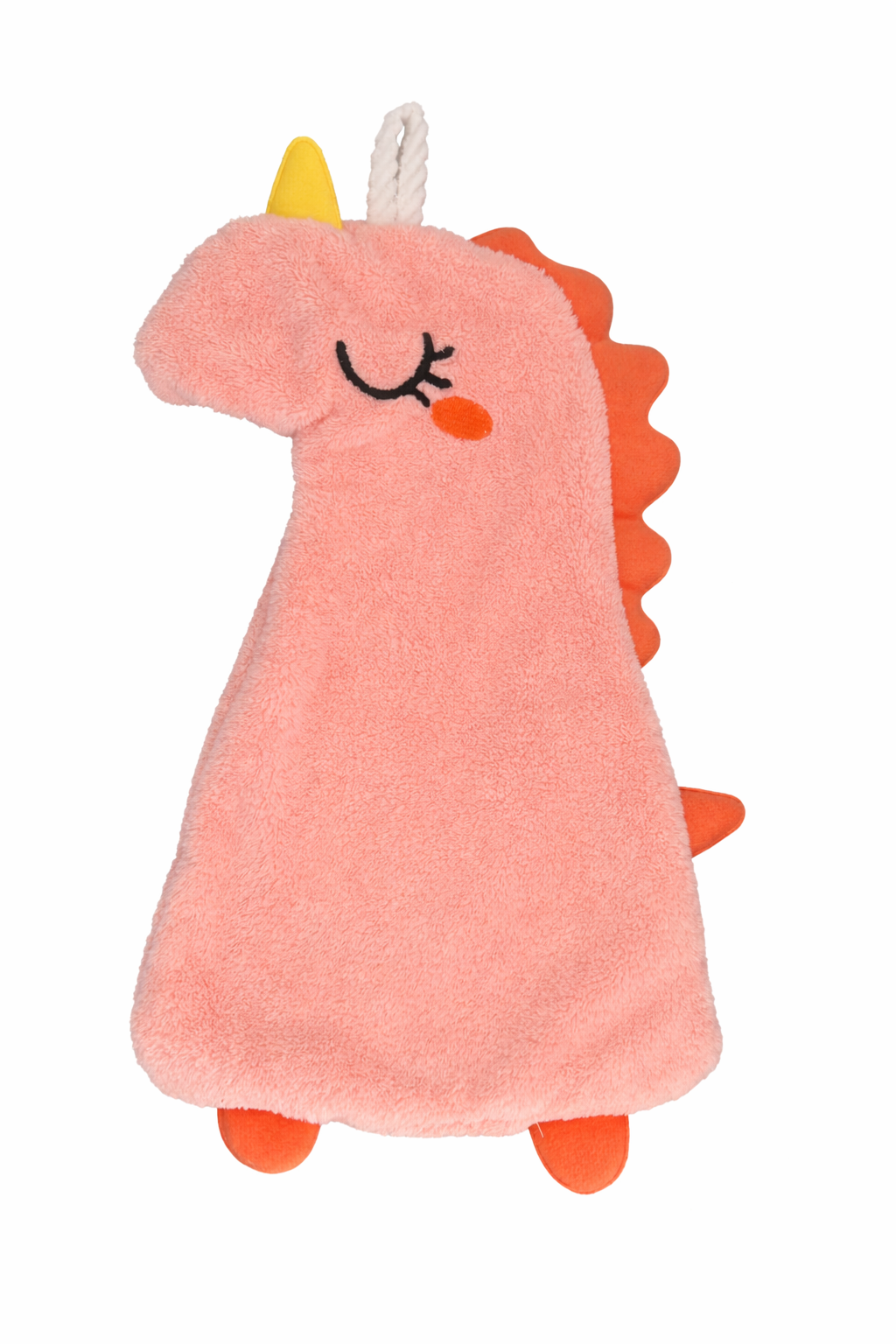 Serviette douce en forme de dinosaure rose avec corne jaune, crête orange et visage brodé, sur fond blanc.