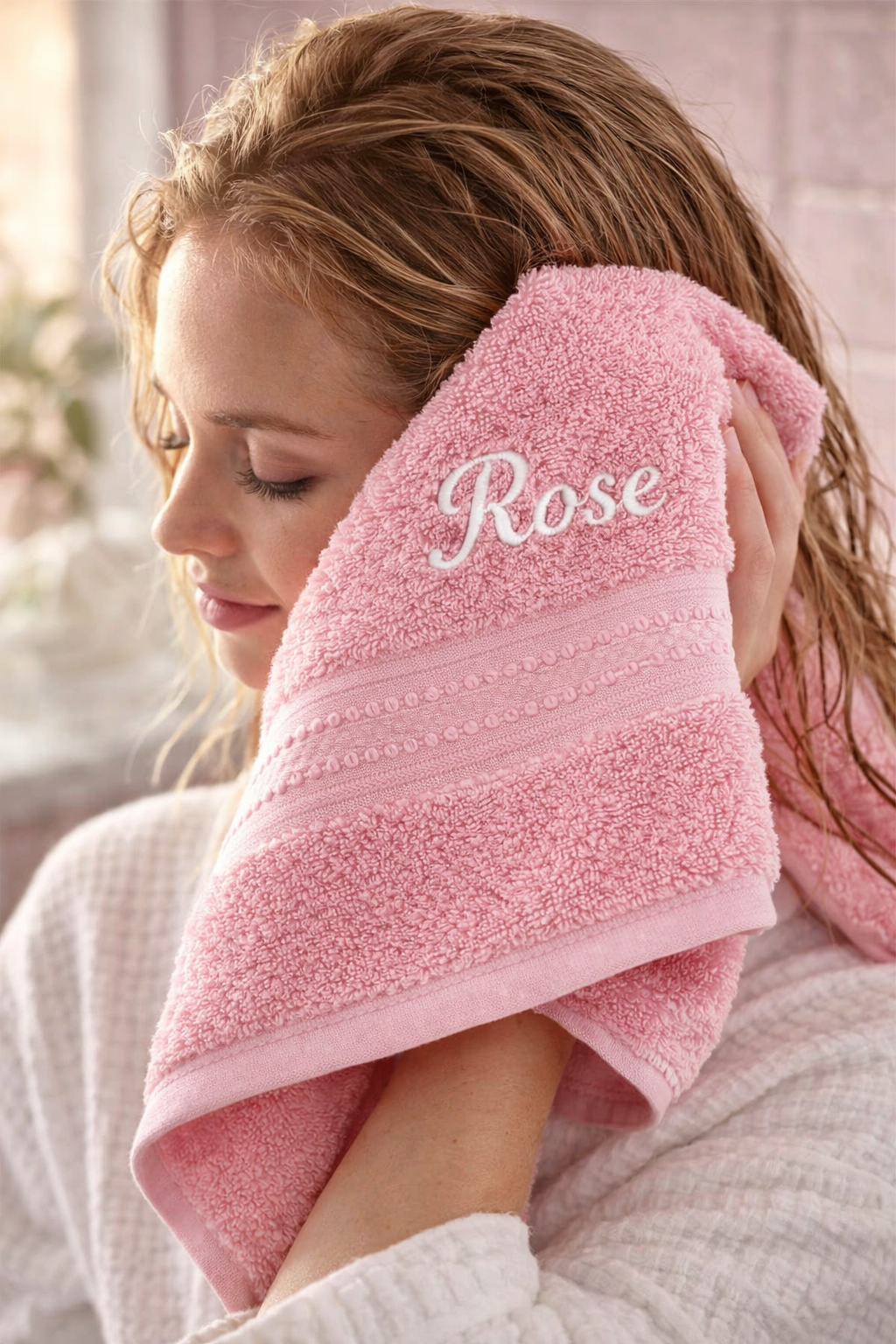 Serviette personnalisée brodée prénom  utilisée après douche pour séchage du visage et cheveux
