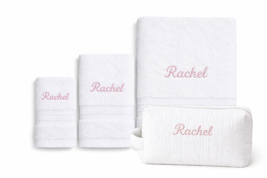 Serviettes personnalisées  blanc  avec trousse brodée – Coffret cadeau élégant
